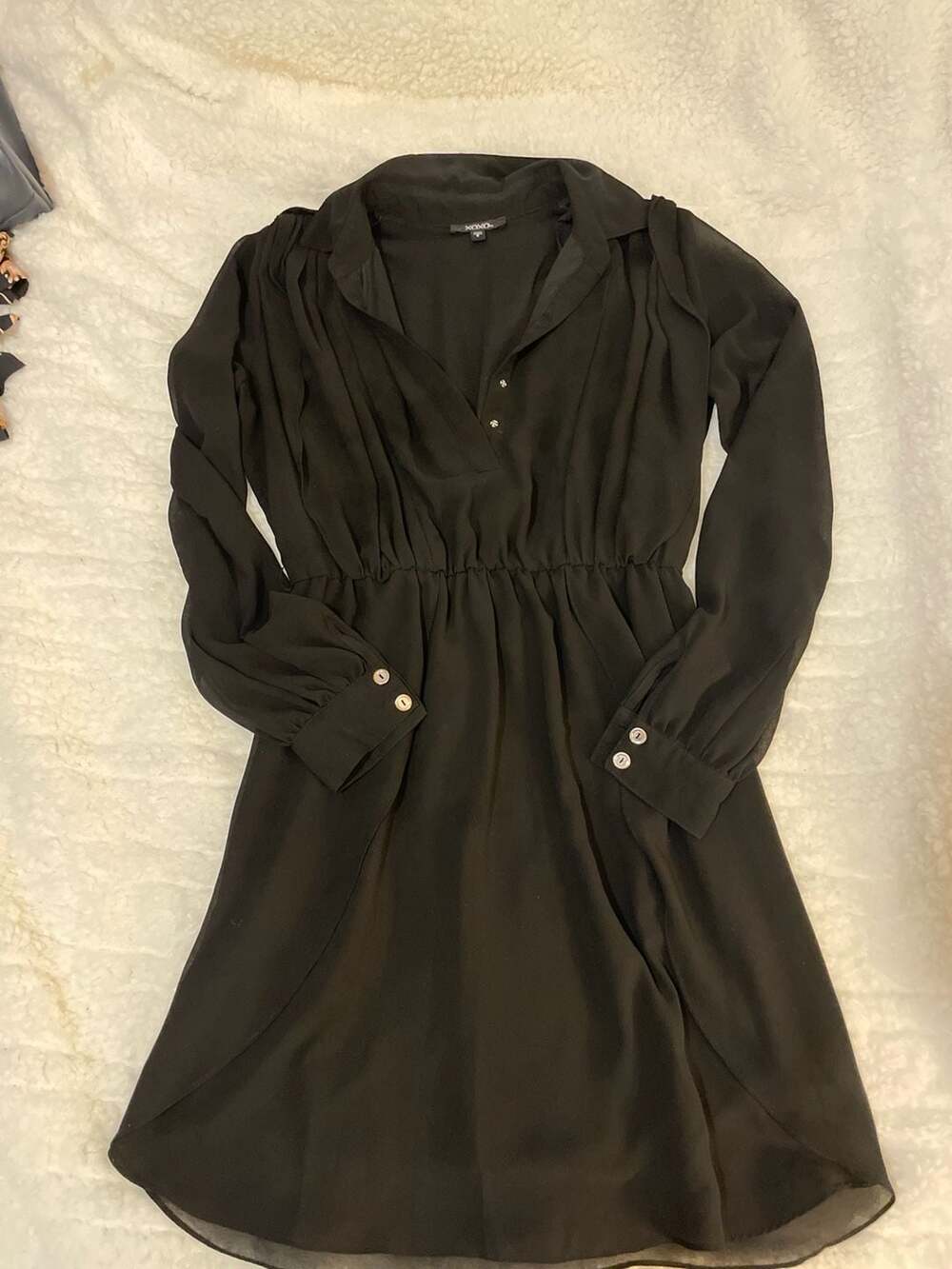 XOXO Black Long Sleeve Chiffon Mini Shirt Dress with Elastic Waist